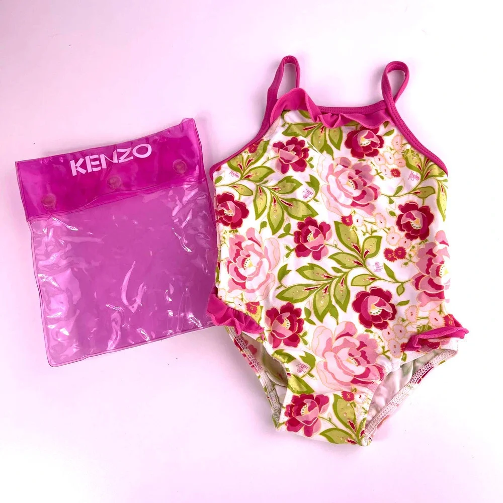 KENZO Kids Pink Green White Rose Floral Ruffle One Piece Swimsuit Swim 12 Months